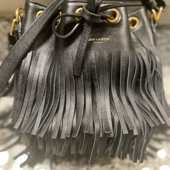 Saint Laurent Fringe Emmanuelle Bucket Bag Studded Leather Small